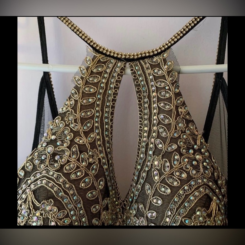 Stunning Black and Gold Embellished Halter Prom Dress